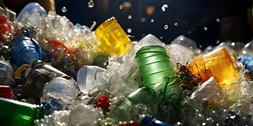 Plastic recycling process with shredded pet bottles and assorted plastic waste compressed, AI