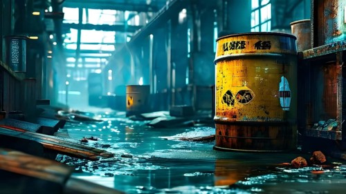 Representation of illegal nuclear waste barrel leaking radioactive material, AI generated