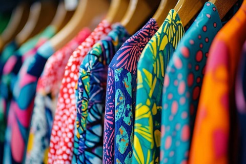 Colorful clothing with bright and bold patterns hanging on clothing rail. Generative ai, AI