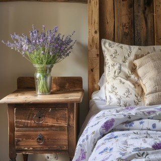 Lavender flowers (Lavendula) in a vase on a bedside table next to a bed, rustic, rural ambience, AI
