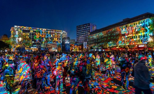 Essen Light Festival, in the city centre, light art on Kennedyplatz, the Berlin artist Daniel