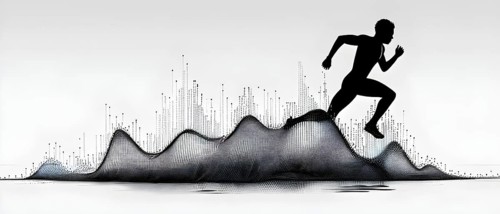Wave of data points shaping into a runners silhouette, abstract illustration in black and white,
