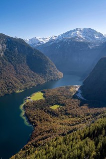 View of the Königssee with St. Bartholomä church, from the Rinnkendlsteig mountain hiking trail,