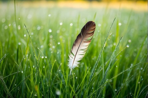 A lone feather resting gently on a dew-covered grassy field, with soft morning light illuminating
