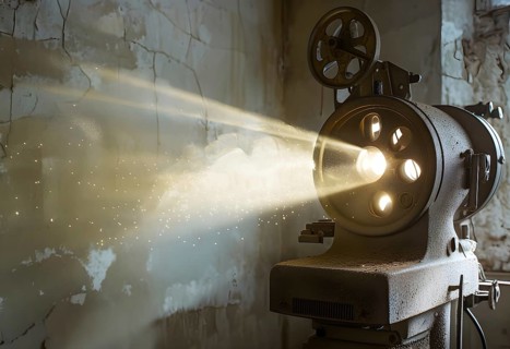 An old movie projector casting flickering images onto a cracked wall, creating a sense of vintage