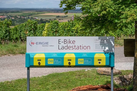 E-bike charging station in the vineyards around Hüttenheim, Lower Franconia, Bavaria, Germany,