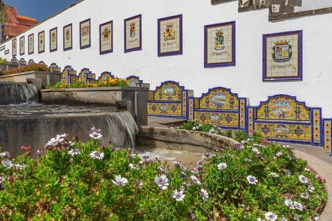 Ceramic benches at water stairs Paseo de Canarias, Firgas, Gran Canaria, Canary Islands, Spain,