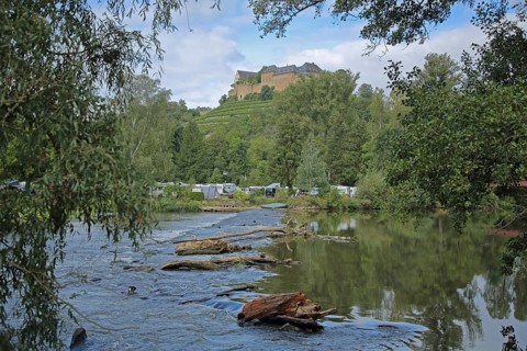 River Nahe with Ebernburg Castle, campsite, Bad Münster am Stein-Ebernburg, Bad Kreuznach,