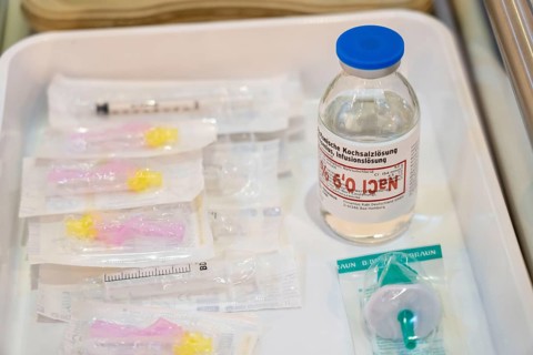 Vaccination booth, medical equipment, during the test run in the vaccination centre for corona