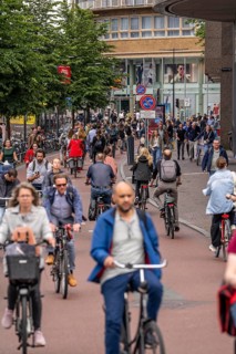 Central cycle path on the Lange Viestraat, in the centre of Utrecht, lanes for pedestrians,