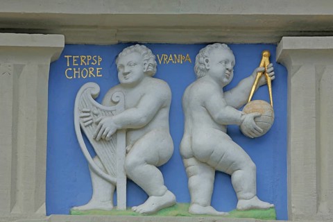 Relief Terpsichore, allegory choral lyric, make music + Urania, astronomy, compass, globe, measure,