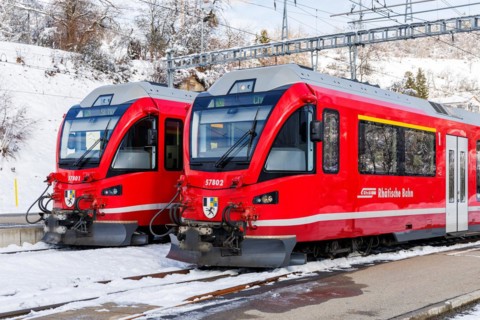 Rhaetian Railway trains on the Albula railway Stadler Rail passenger train at Filisur station,