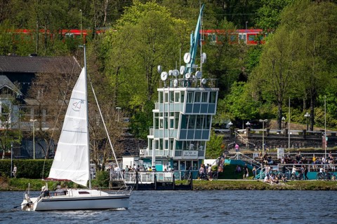 Lake Baldeney in Essen, reservoir of the Ruhr, sailing boat in front of the regatta tower, Essen,