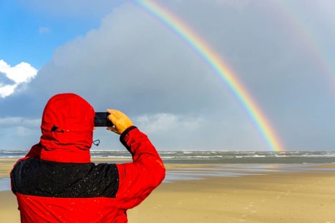 North Sea, Spiekeroog Island, autumn, rainy weather, with sun, rainbow, East Frisian Islands, beach