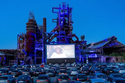 Drive-in cinema Dortmund, against the backdrop of the former blast furnace plant Phönix-West in