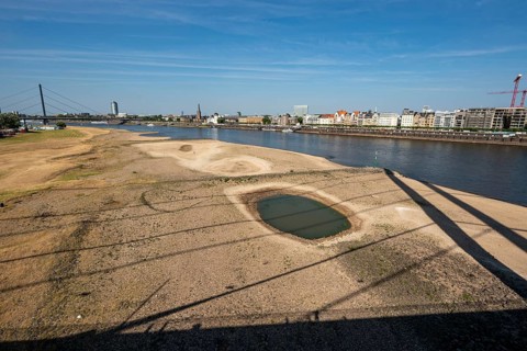 Rhine at Düsseldorf, extremely low water, Rhine level at 81 cm, tendency falling, after a long