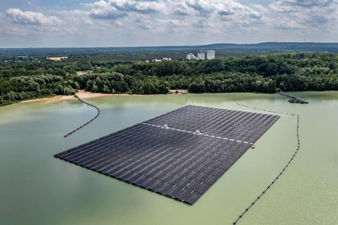 Germany's largest floating solar power plant on the Silbersee III, a quarry pond no longer used for