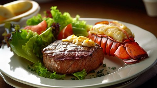Fresh lobster tail in melting butter and steak with sauteed vegetables dish, generative AI, AI