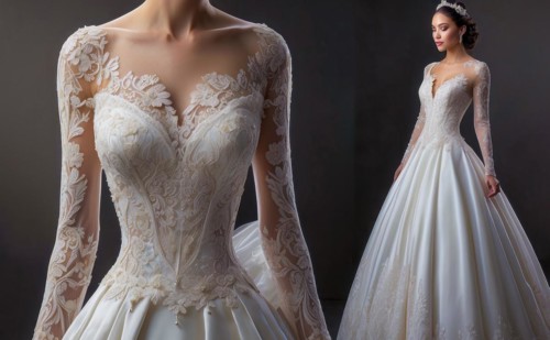 A woman is wearing a long white wedding dress with a lot of lace and pearls. The dress is very