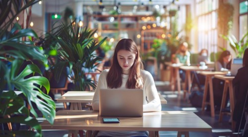 A business woman is sitting at a table with a laptop in front of her working remotely with the team
