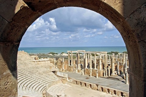 Ruins of Roman theater at Leptis Magna, Lectis Magna, Lepcis Magna in Khoms, Al Khums near Tripoli,