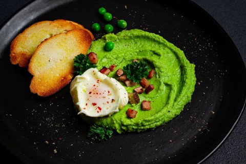 Mashed peas, with boiled egg, fried bacon, toast, baguette, breakfast, homemade, no people