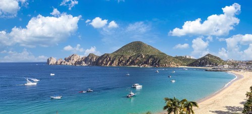 Mexico, Scenic panoramic aerial view of Los Cabos tourist destination Arch of Cabo San Lucas, El