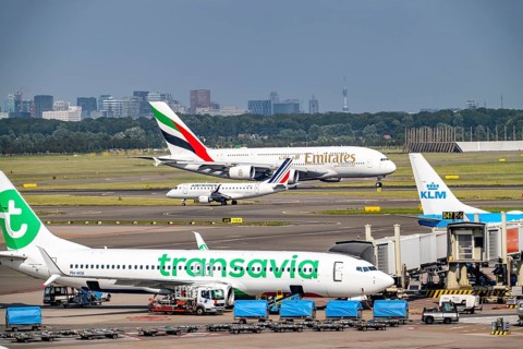 Amsterdam Schiphol Airport, Emirates Airbus A380 taking off on the Aalsmeerbaan runway, aircraft on