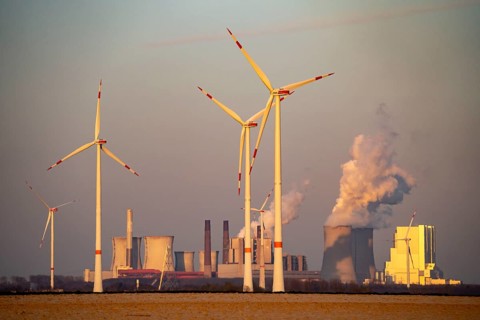 Wind power plants, wind farm, Neurath lignite-fired power plant, Rhenish lignite mining area
