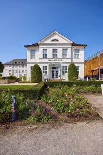 Historic inhalatorium with graduation tower and rose garden in Bad Salzuflen, Lippe district, North