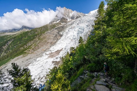 Impressive mountain landscape with glacier, view of Glacier des Bossons and summit of the Aiguille