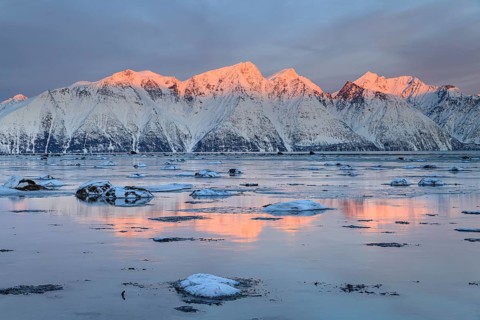 Morning light, mountains, snowy, reflection, sea, coast, fjord, winter, Lyngen Alps, Norway, Europe