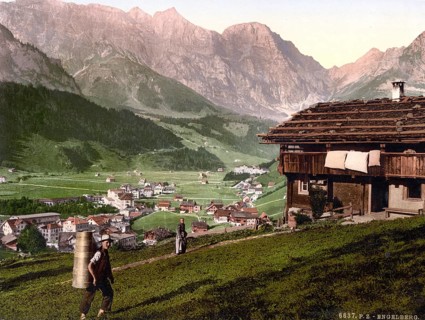 Engelberg Valley and Peasant's House, Bernese Oberland, Switzerland, Historic, digitally restored
