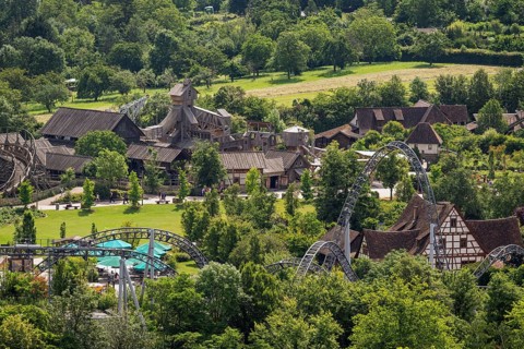 Roller coaster, half-timbered houses, Tripsdrill amusement park, Cleebronn, Baden-Württemberg,