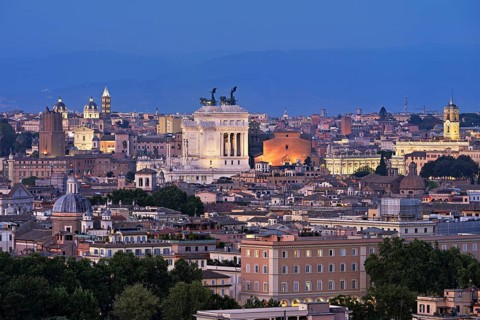View of the city from the Gianicolo viewpoint with the Vittorio Emanuele II monument, Rome, Lazio,