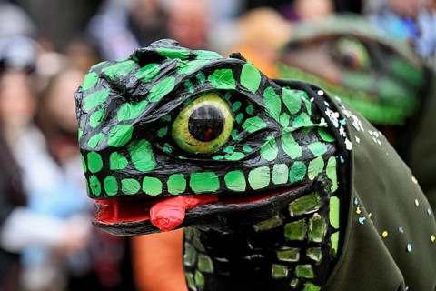 Person masked as a lizard at the carnival parade of the Wey guild on Rose Monday, Güdismäntig,
