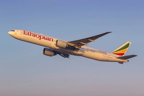 An Ethiopian Airlines Boeing 777-300ER aircraft with the registration ET-ASK at the airport in