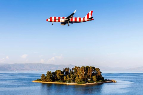 A Condor Airbus A320neo aircraft with the registration D-ANCZ at Corfu Airport, Greece, Europe