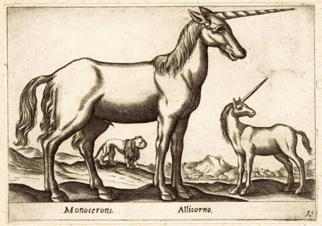 Mythical creature, unicorn, two unicorns and a lion, drawing by Antonio Tempesta (1555, 1630),