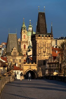 Charles Bridge, Tor tor to the Prague Lesser Town, St. Nicholas Church, Prague, Czech Republic,