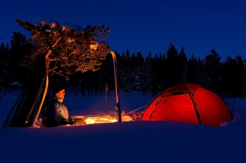 Tent in mountain landscape, Sarek National Park, World Heritage Laponia, Norrbotten, Lapland,