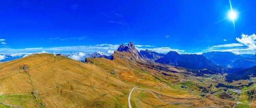 The peaks Sas Rigais and Furchetta of the Geisler group, wide-angle panoramic photo, drone photo,