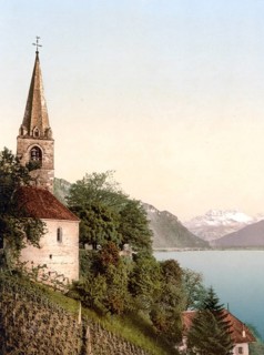 Montreux, the church and Dent du Midi, Geneva Lake, Switzerland, Historic, digitally restored