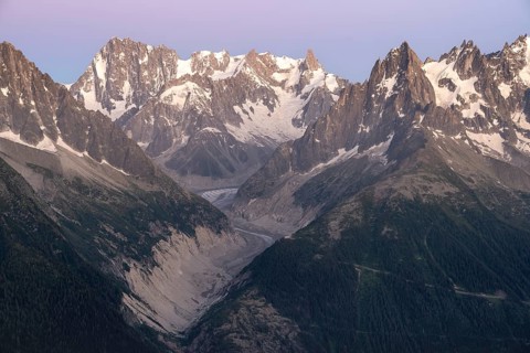 Evening mood with pink evening sky, mountain landscape at sunset, mountain peak Grandes Jorasses