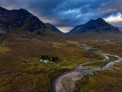 Cloudy mood, river, moor, aerial view, mountain landscape, autumn, cottage, view of Langangarbh