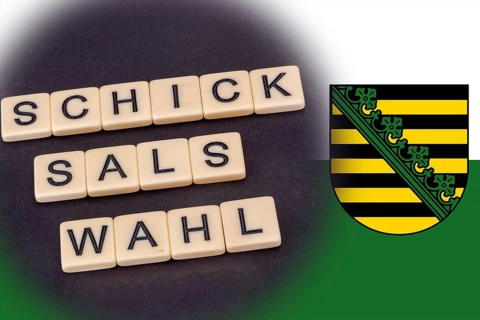 Symbolic image of the state election in Saxony: The word SCHICKSALSWAHL and the flag of Saxony