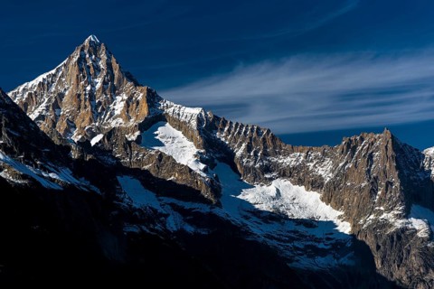 The Bietschhorn near Visperterminen, Swiss Alps, mountain, church, church tower, village, mountain
