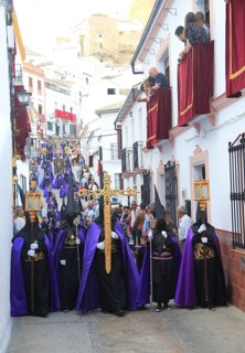 Easter Christian religious procession through streets of Setenil de las Bodegas, Cadiz province,