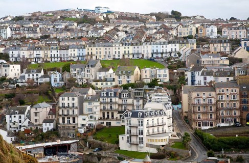 Buildings on steep hillside in the town of Ilfracombe, north Devon, England, United Kingdom, Europe