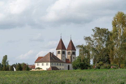 Collegiate Church of St Peter and Paul, Niederzell, Reichenau Island, double tower, rectory, Lake